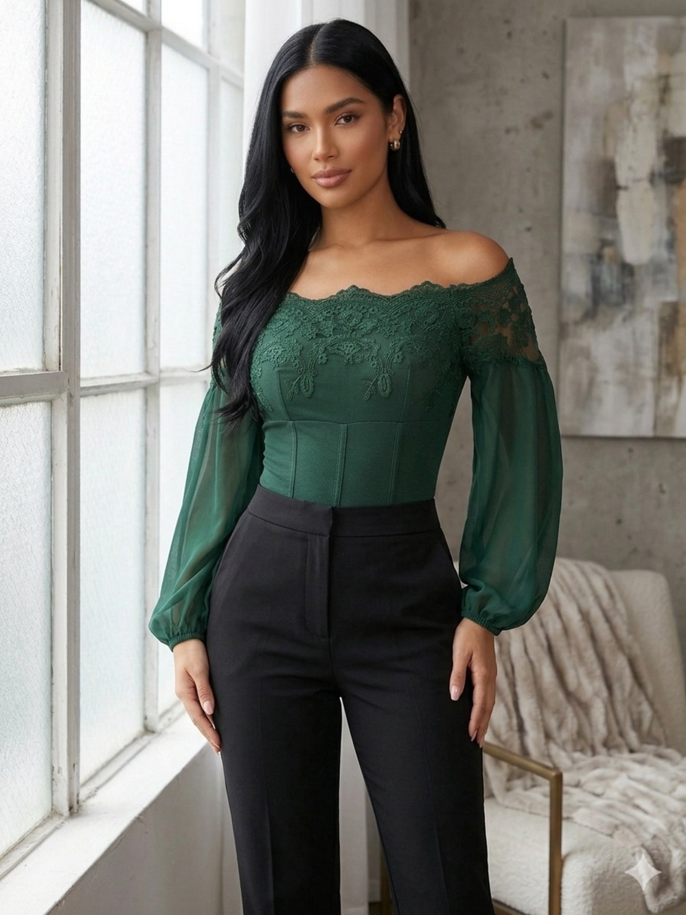 Lulumari Forest Green Off-Shoulder Lace Bodice Blouse